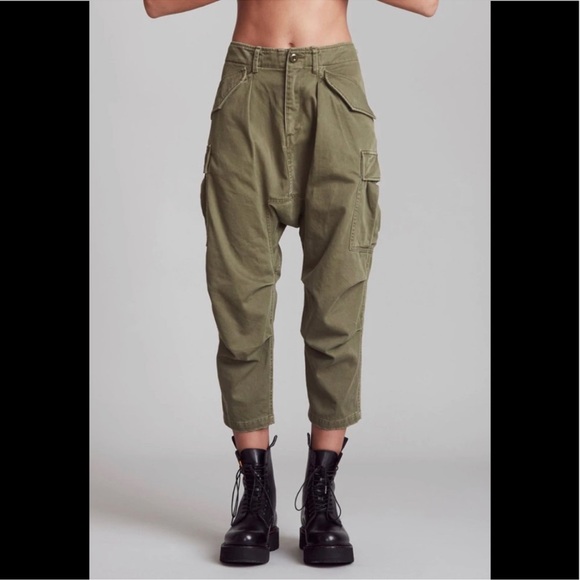 R13 Pants - R13 harem cargo drop crotch jean denim Pant - Olive. SIZE 28